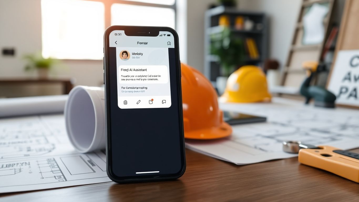 Smartphone with AI assistant on busy contractor desk