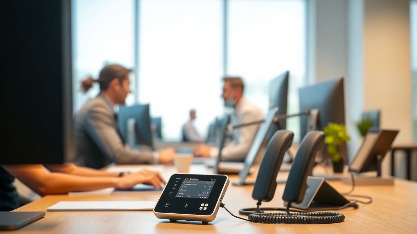 Busy office with digital assistant and employees working