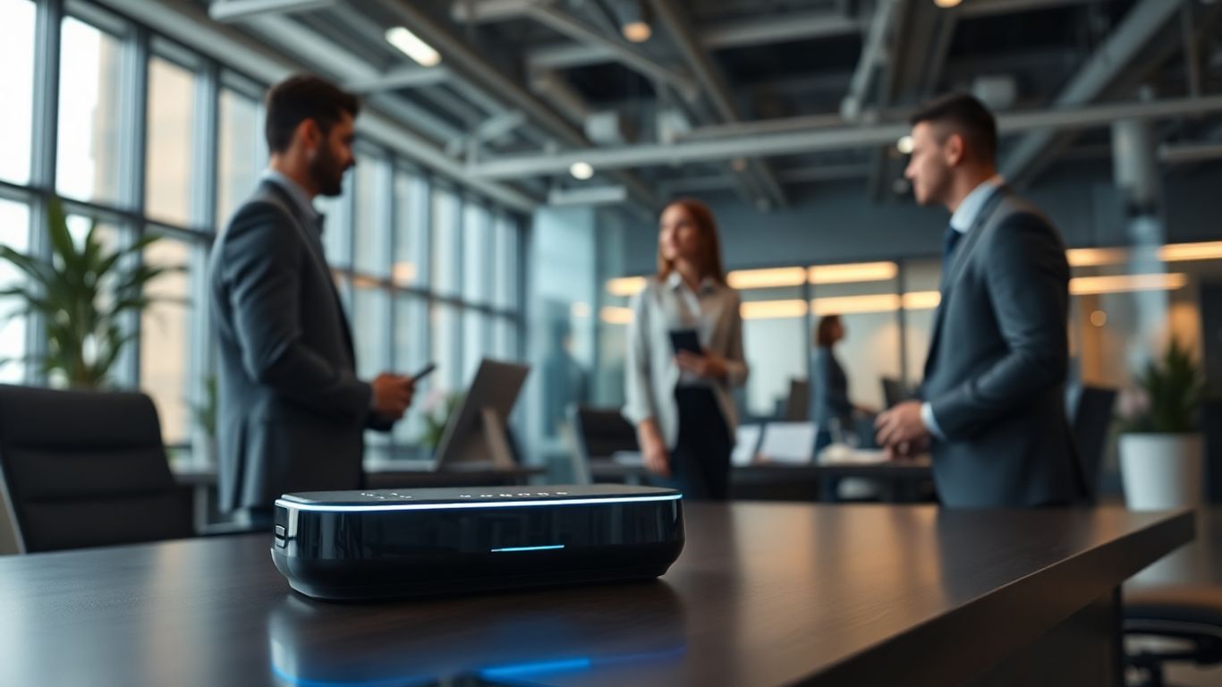 Modern office with AI virtual assistant device on desk