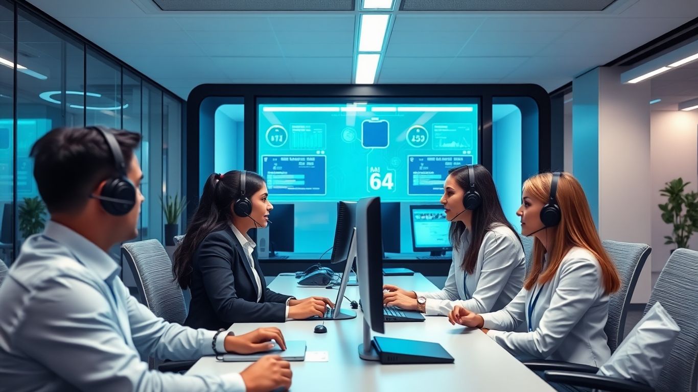 Business professionals near AI call center booth in office
