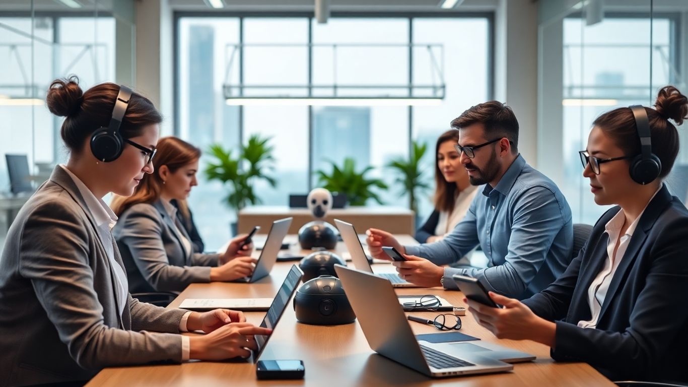 Business team using AI devices in a modern office