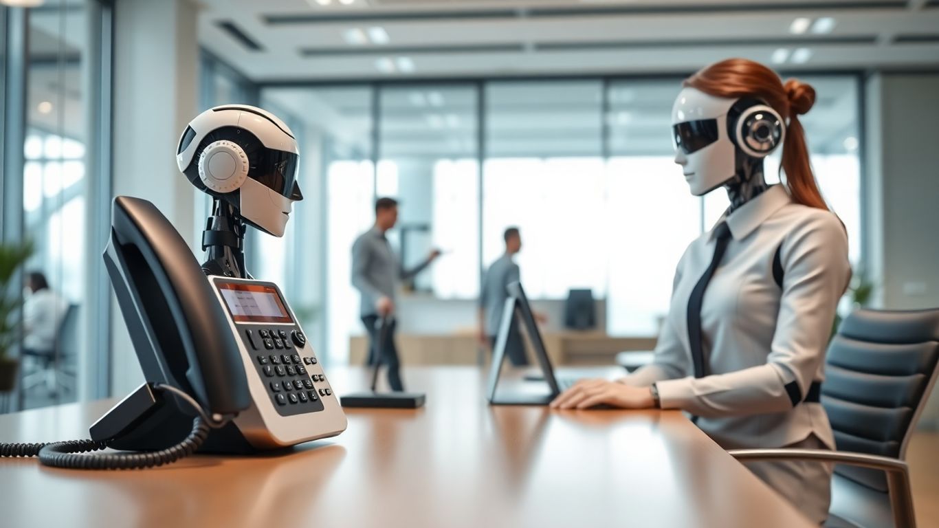 Robot and human receptionist at a modern office desk