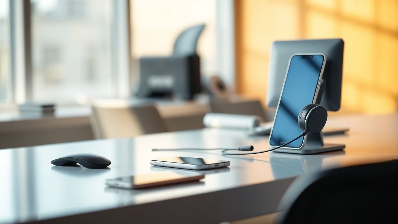 Smartphone with headset on modern office desk