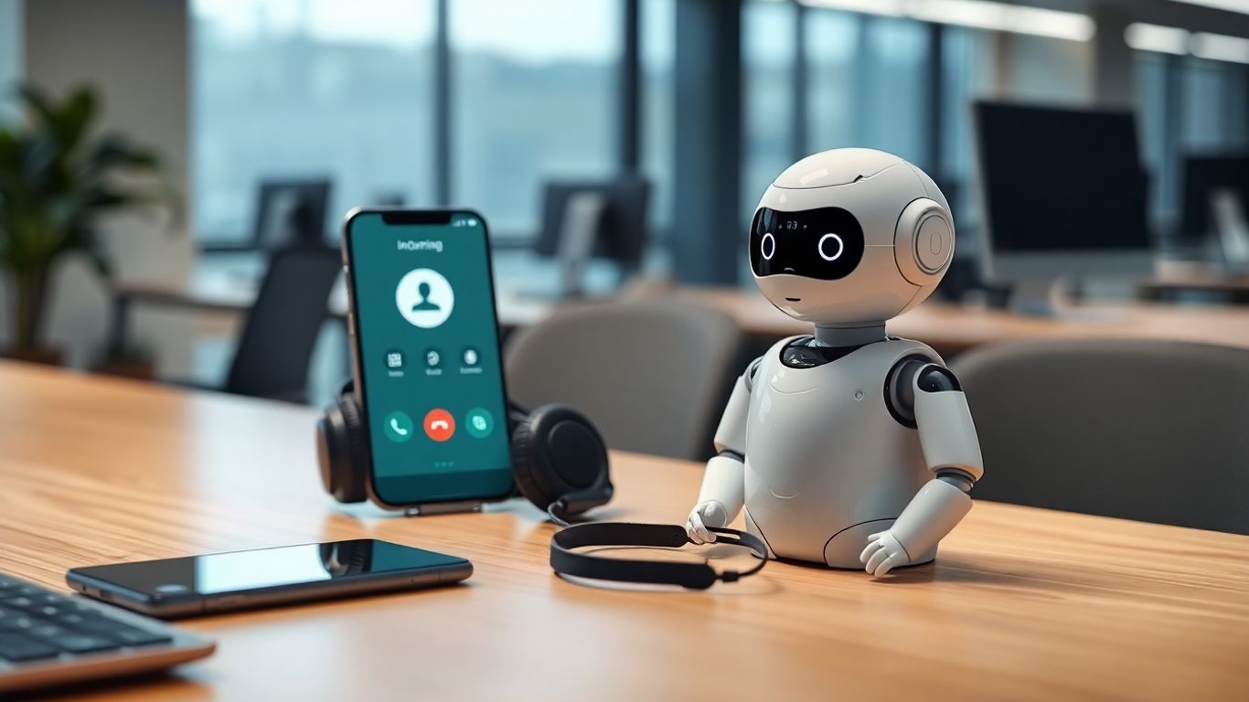 AI robot at desk answering phone in modern office