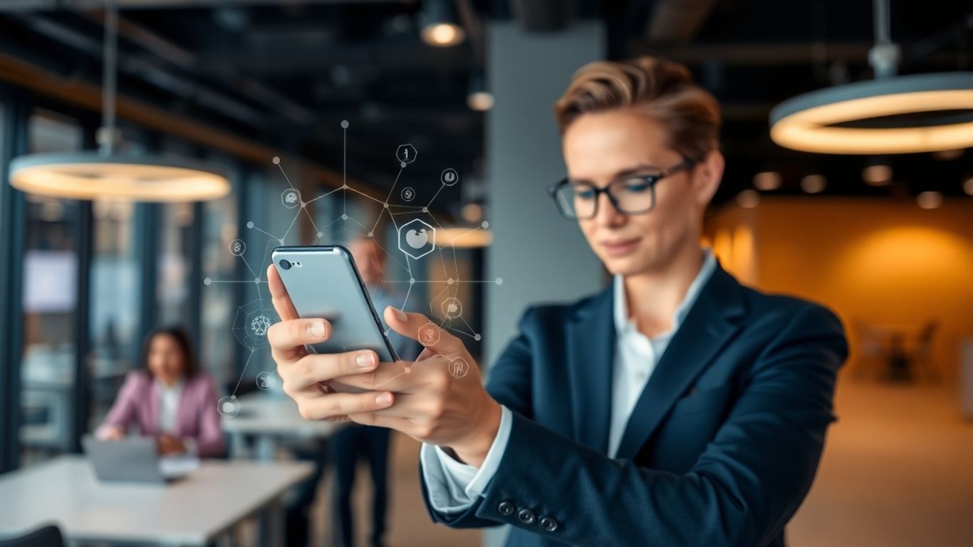 Businessperson using smartphone with AI digital overlay