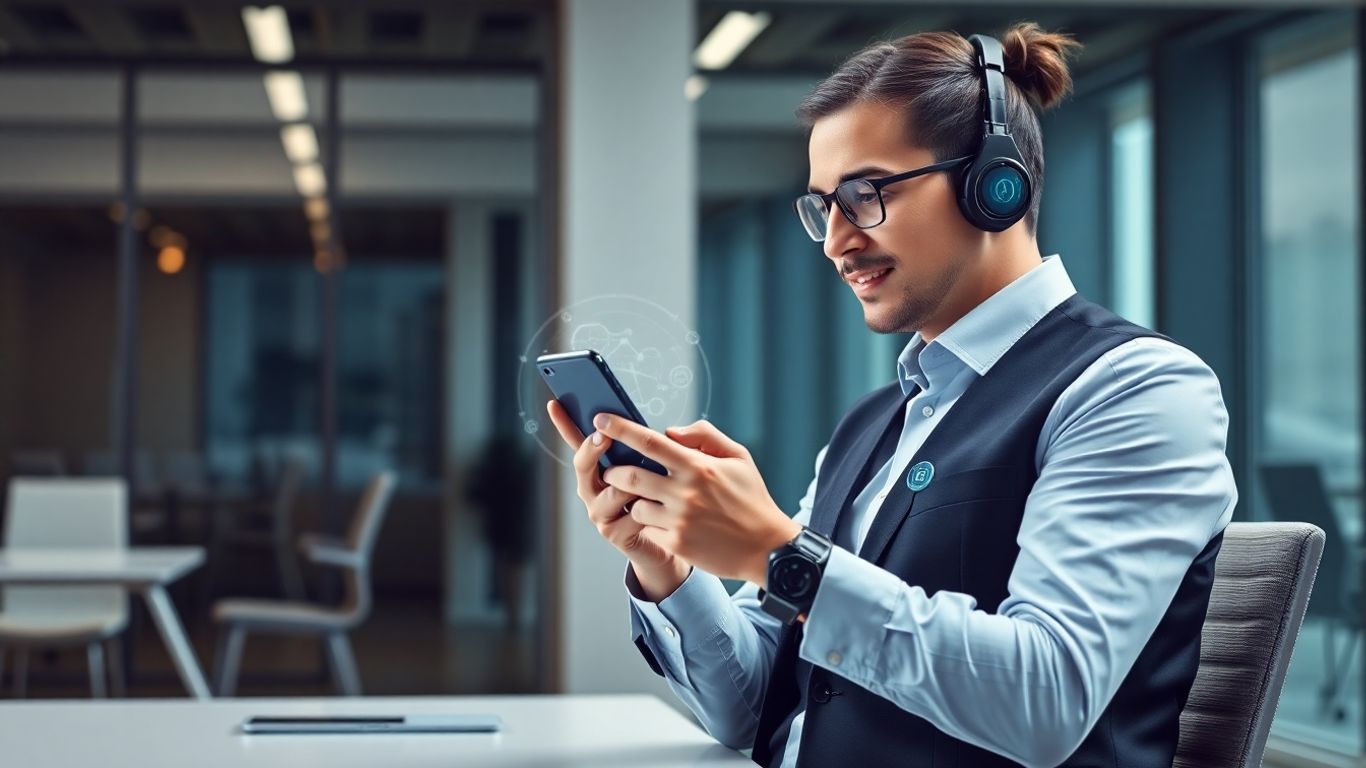 Professional using smartphone with AI effects in office