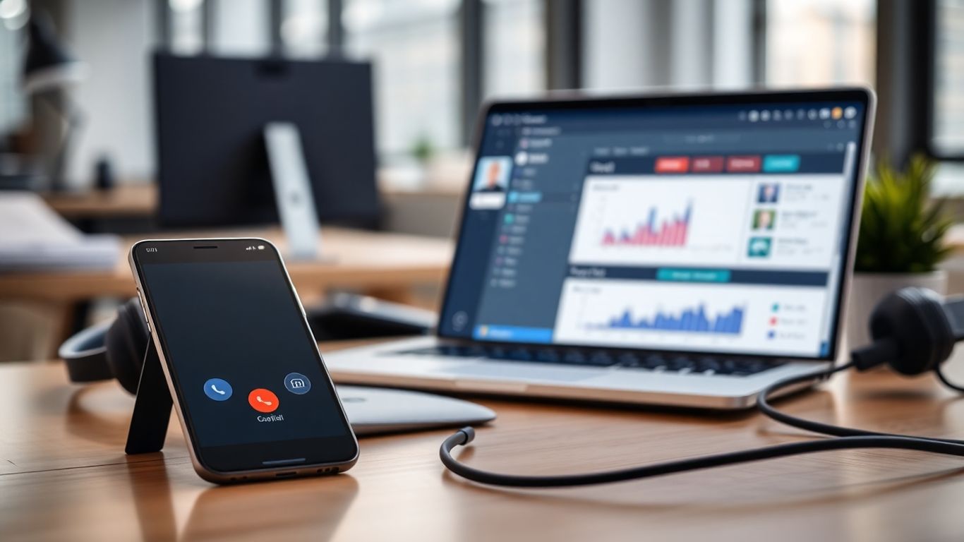 Smartphone, laptop, and headset on modern office desk