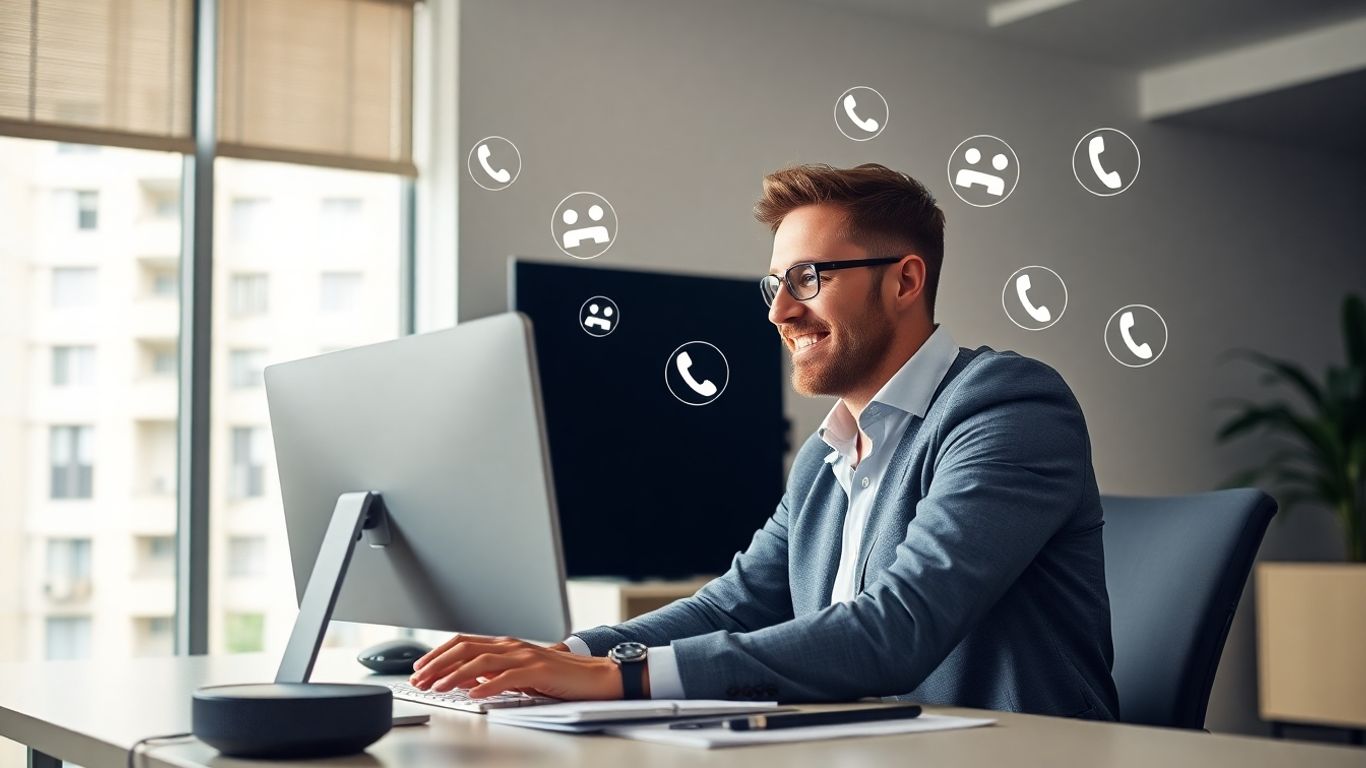 Property manager using computer with floating phone icons