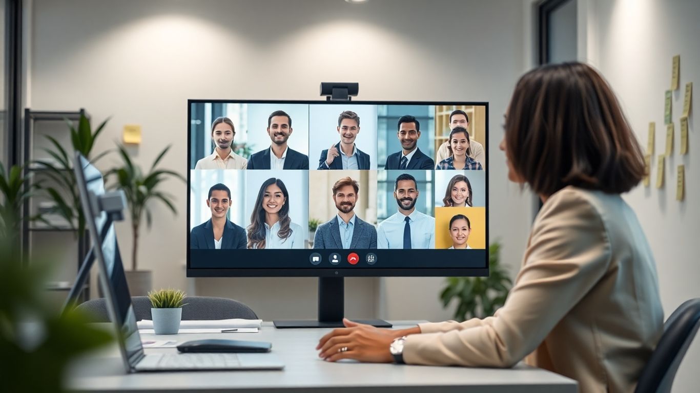 Property manager video calling multilingual tenants in modern office