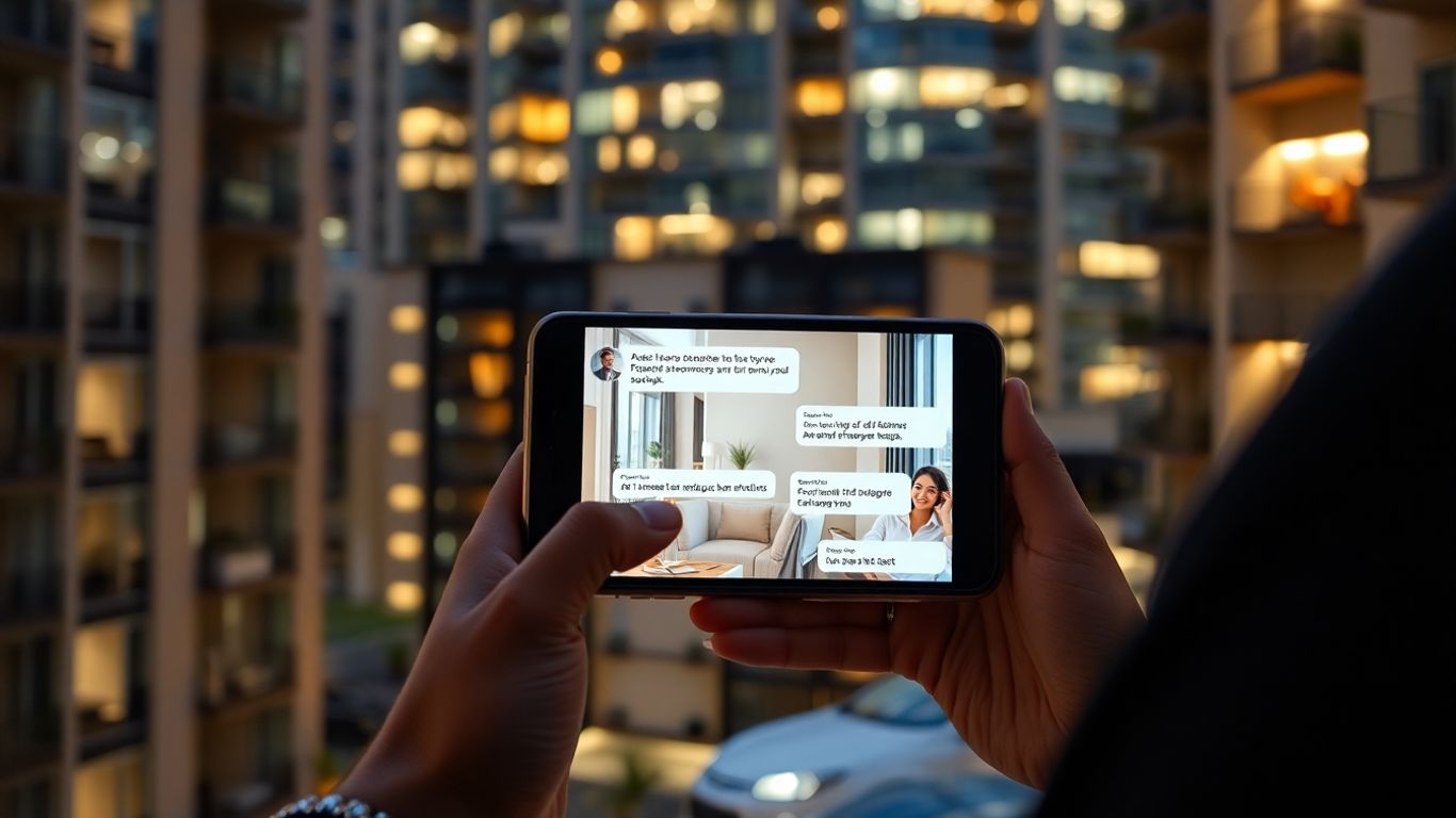 Property manager on phone at night with happy tenants.