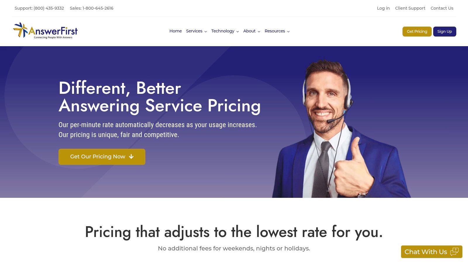 AnswerFirst dashboard showing account usage and billing details