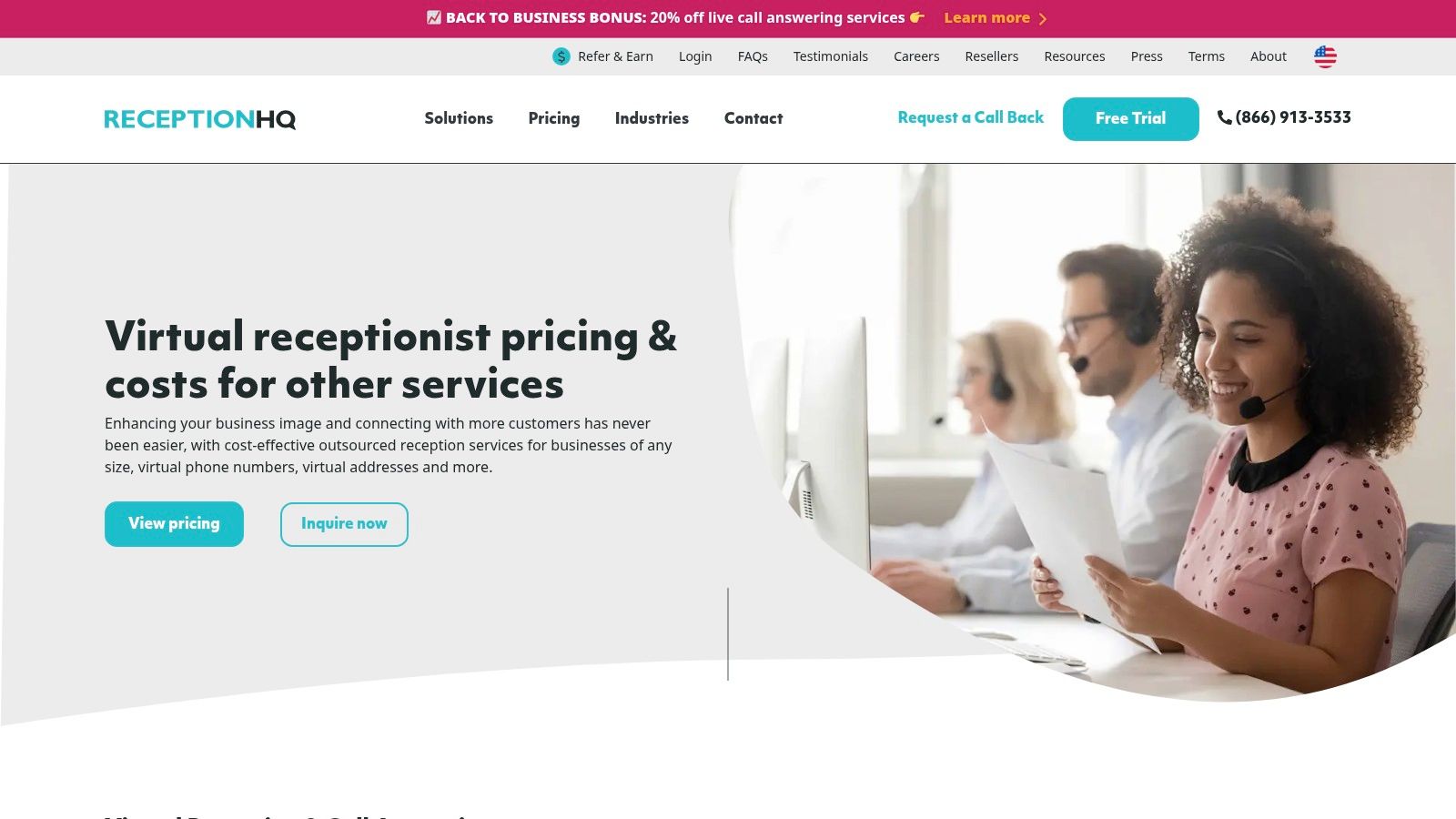 ReceptionHQ dashboard showing call logs and message details