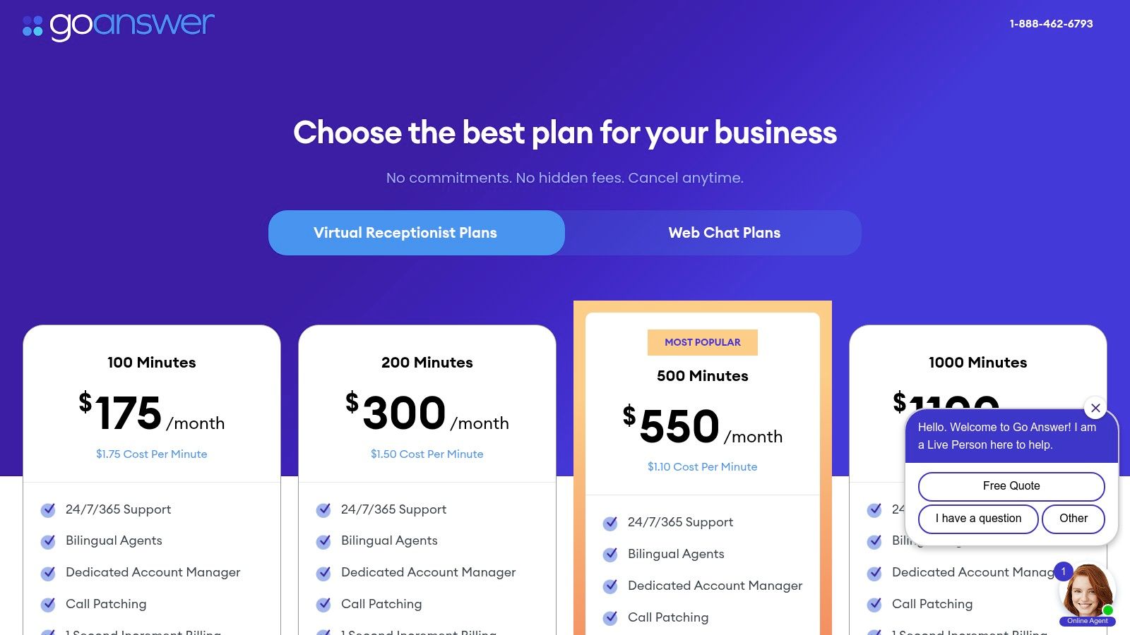Go Answer dashboard showing account usage and call details