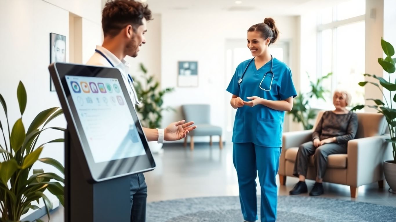 Nurse using digital kiosk with patient in healthcare lobby.