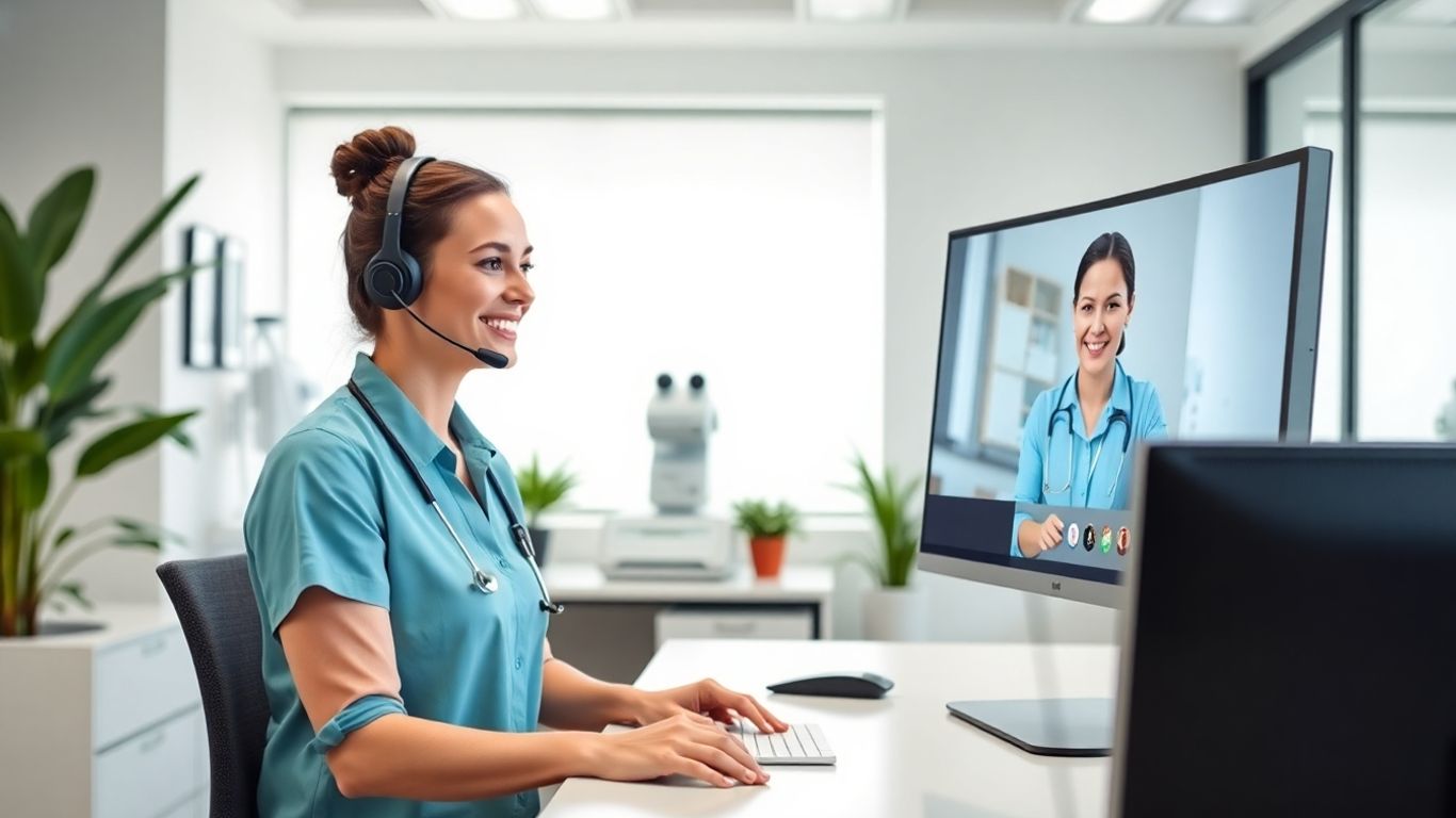 Receptionist with headset assisting patient via computer screen.
