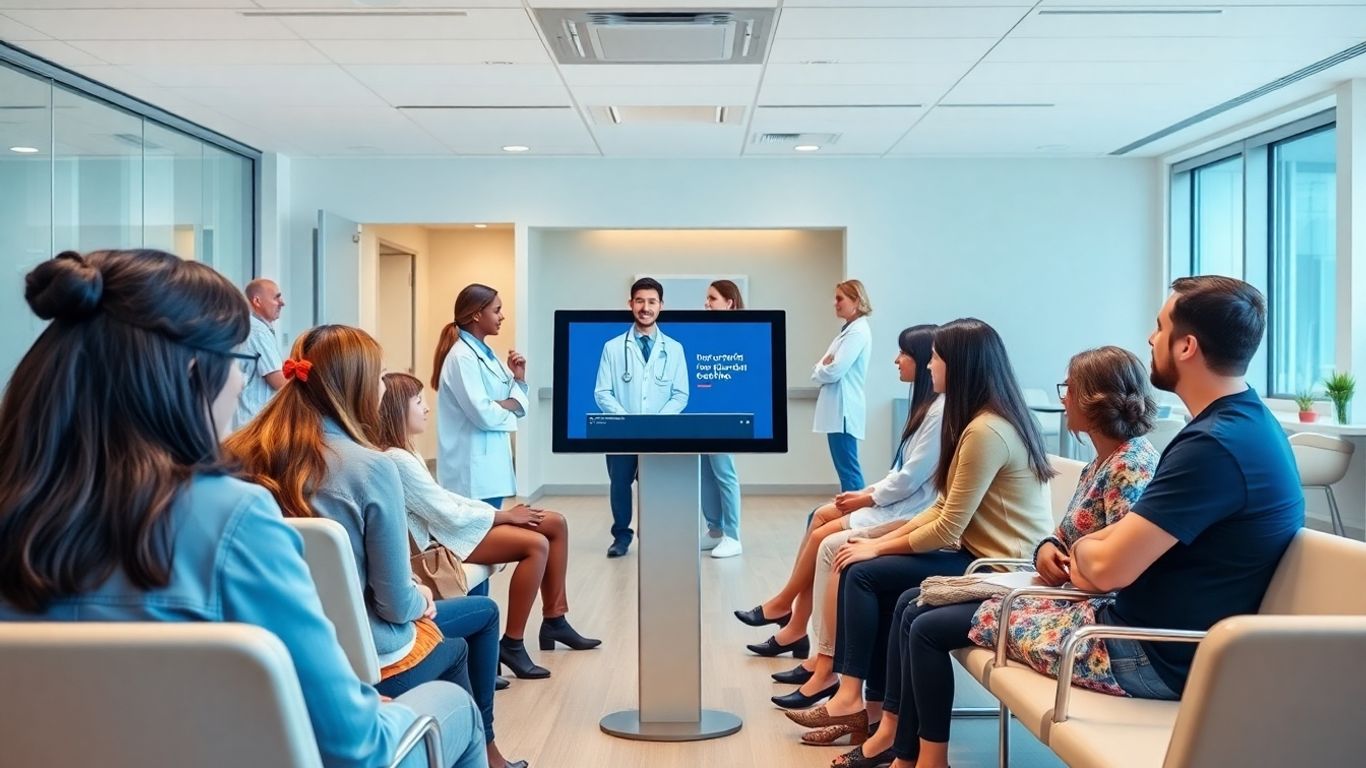 Virtual receptionist greets patients in a modern clinic lobby.