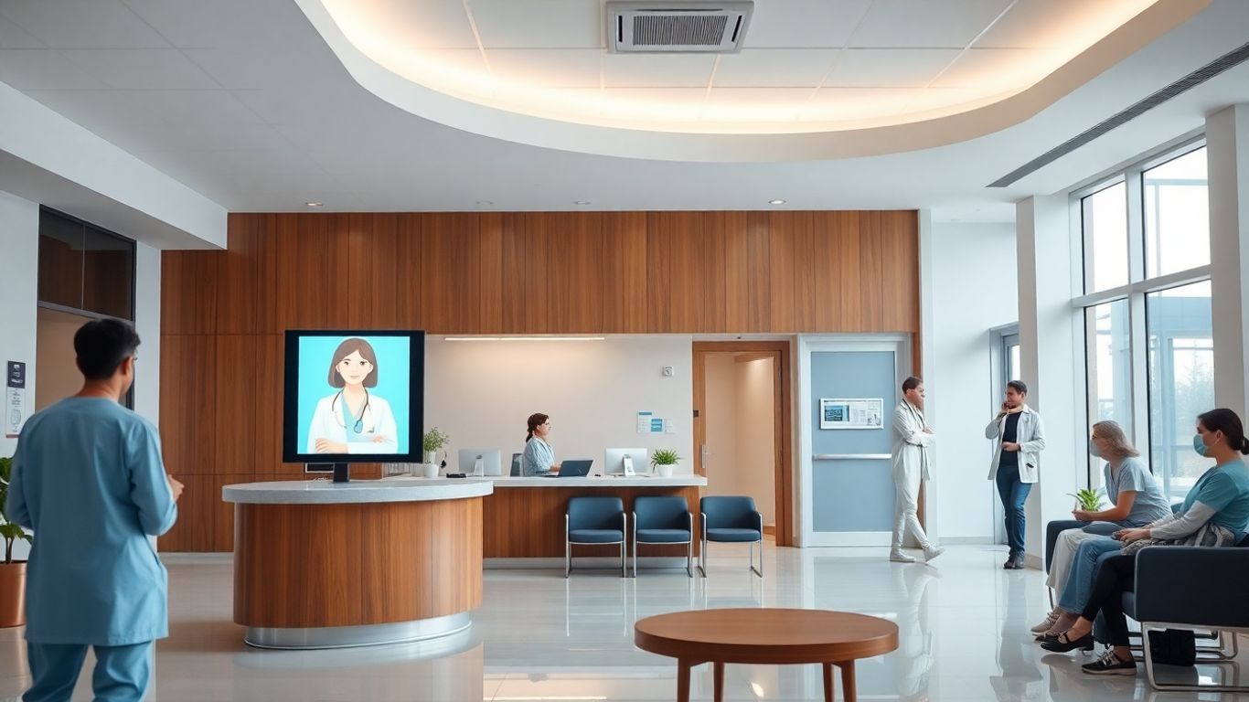 Hospital staff using a digital virtual receptionist with patients nearby.