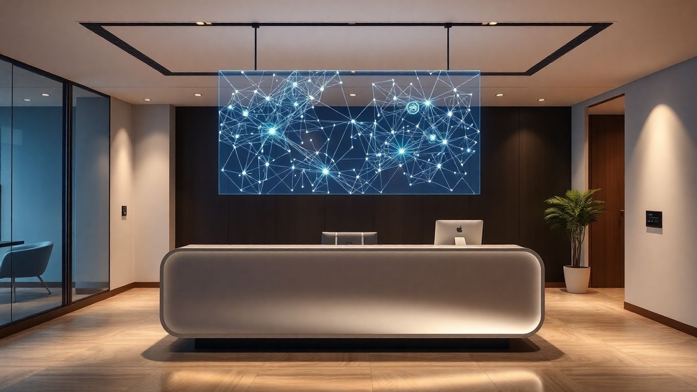 AI receptionist interface in a modern office setting.