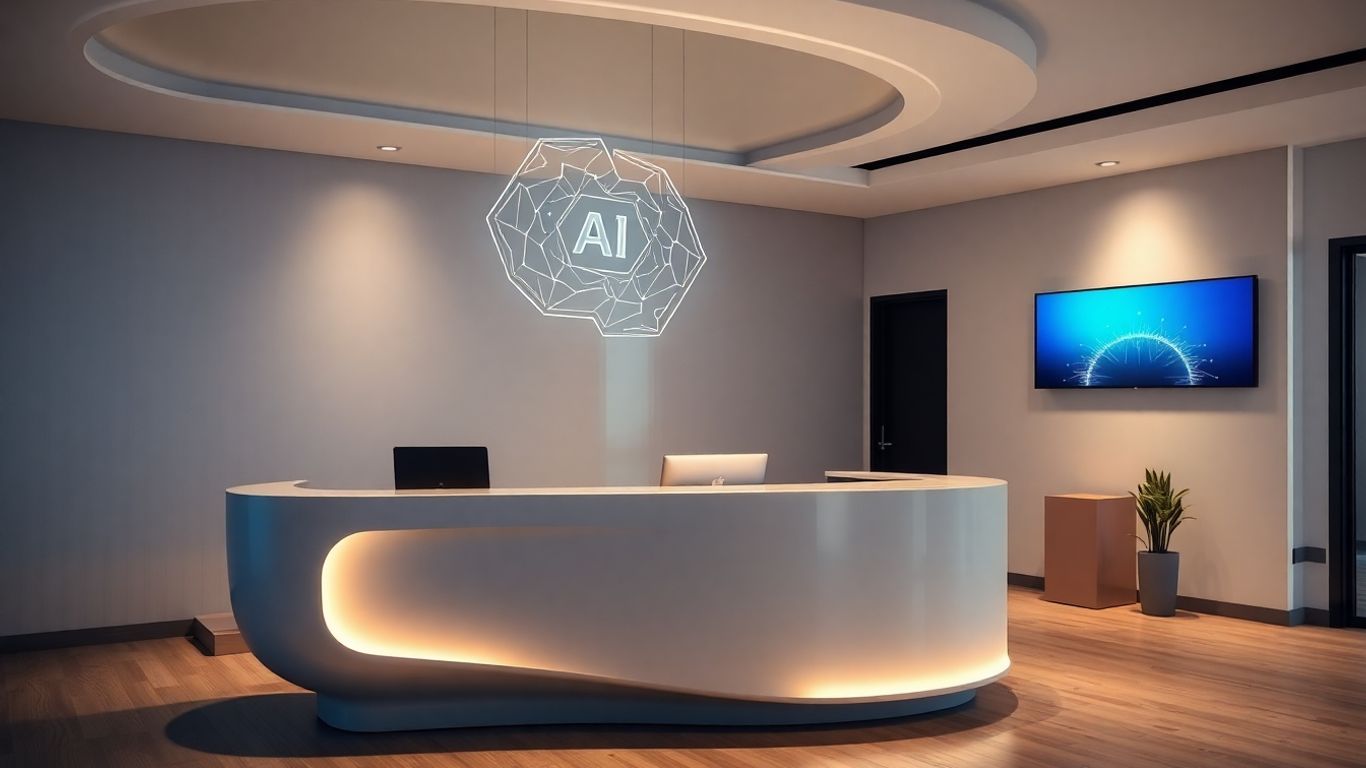 AI receptionist desk in a modern office setting.