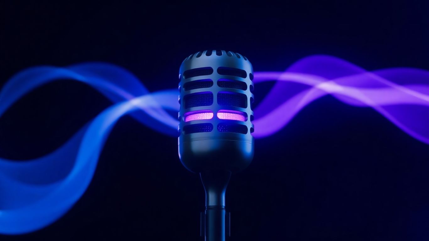 Modern microphone with glowing abstract light patterns.