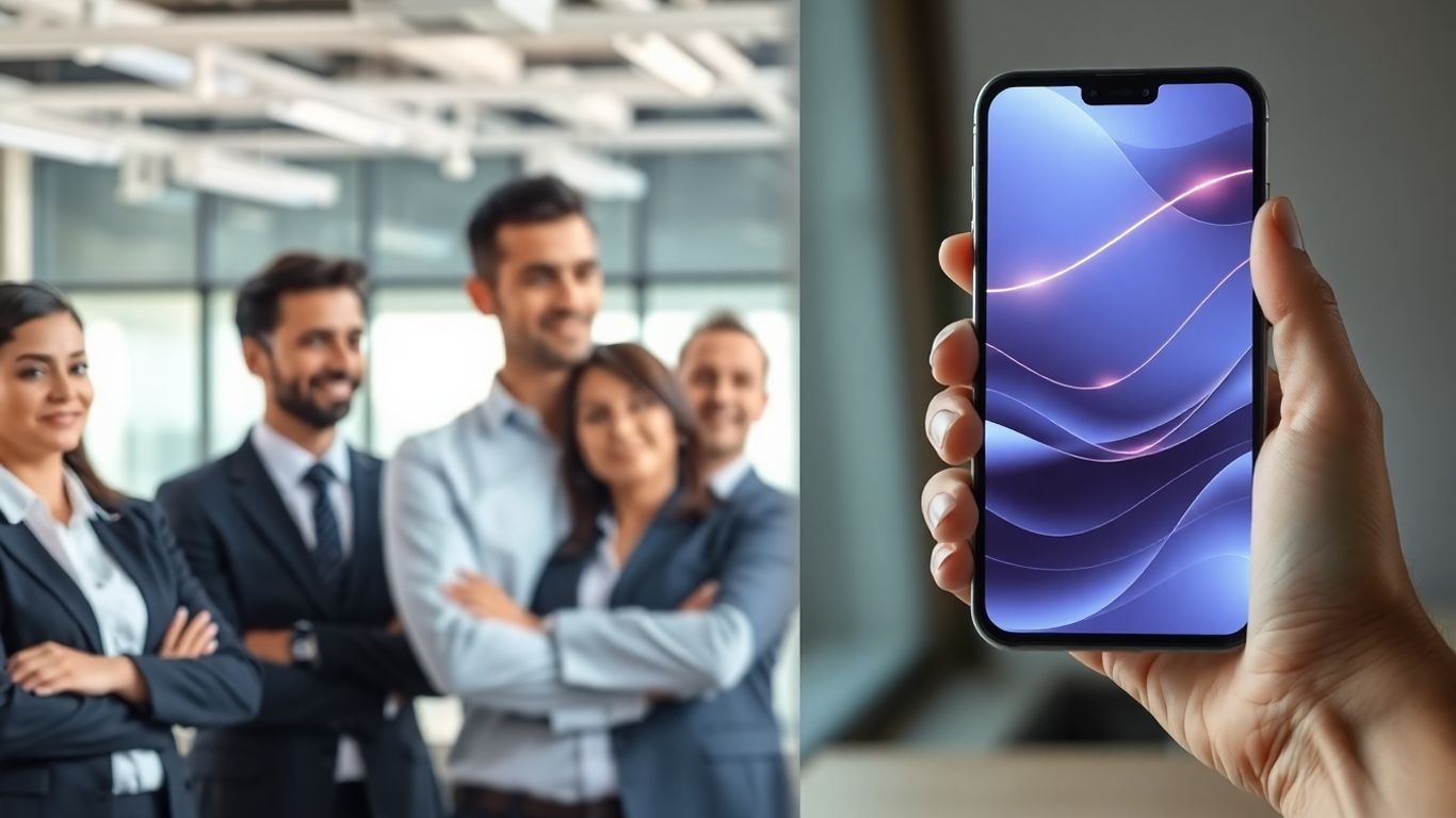 Business professionals and AI interface on a phone.