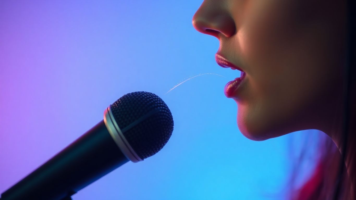 Person speaking into microphone with futuristic voice technology.