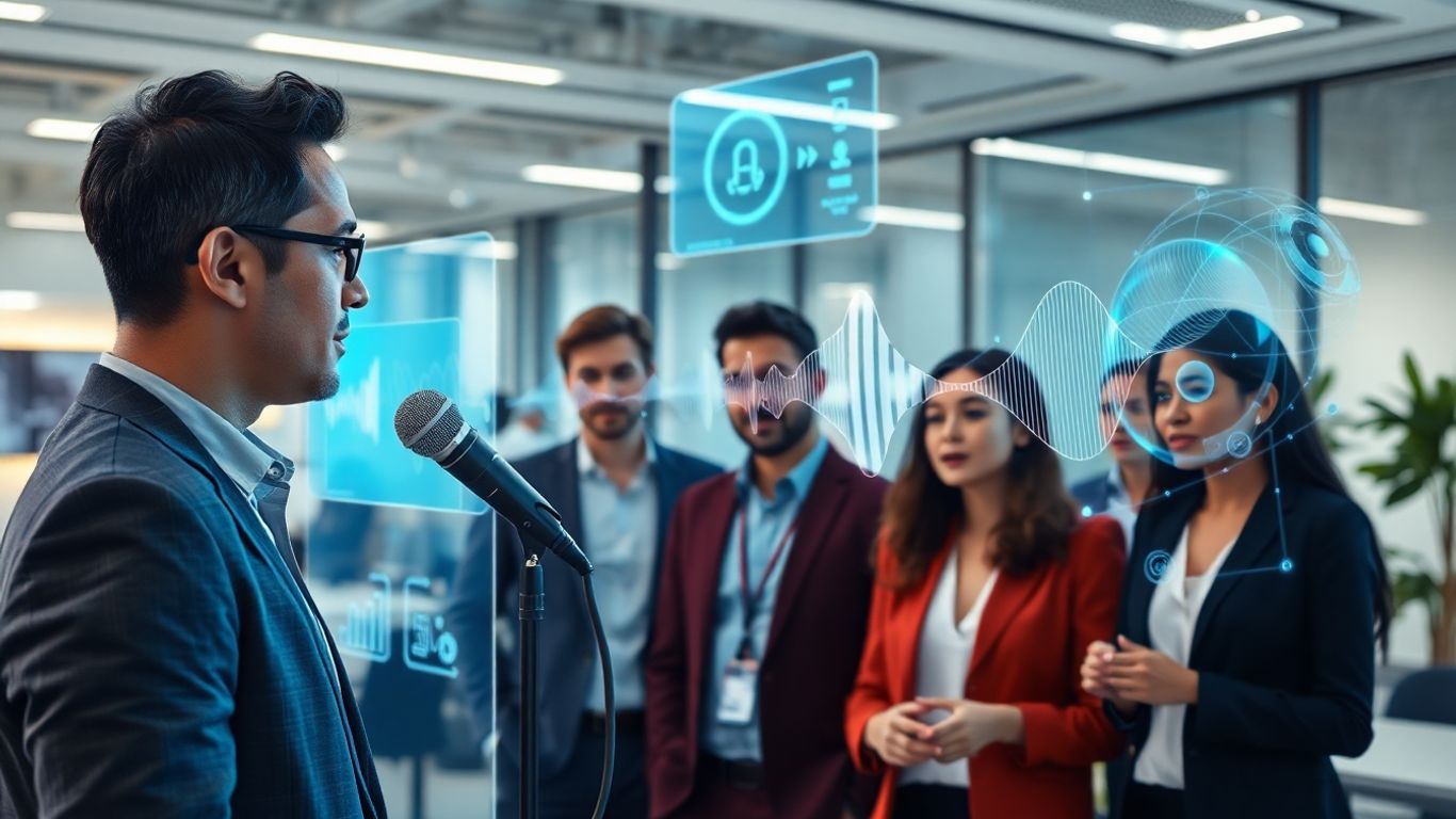 Business professionals interacting with AI voice agent interfaces.