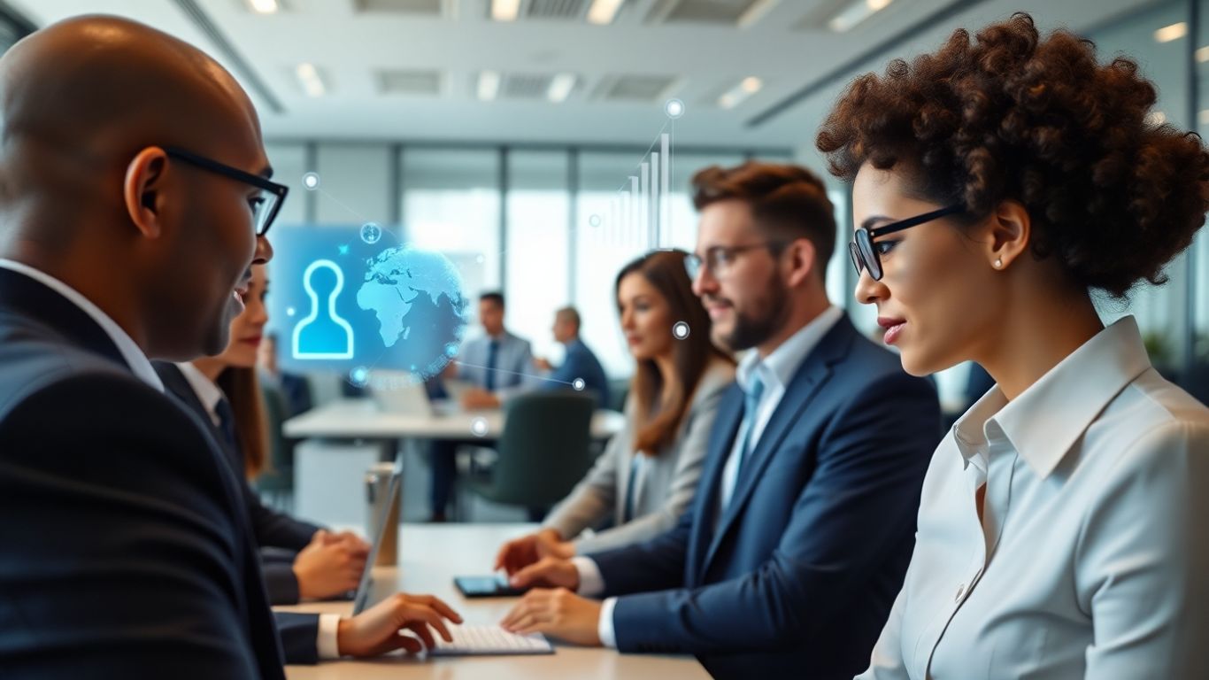 Business people interacting with AI voice interfaces.