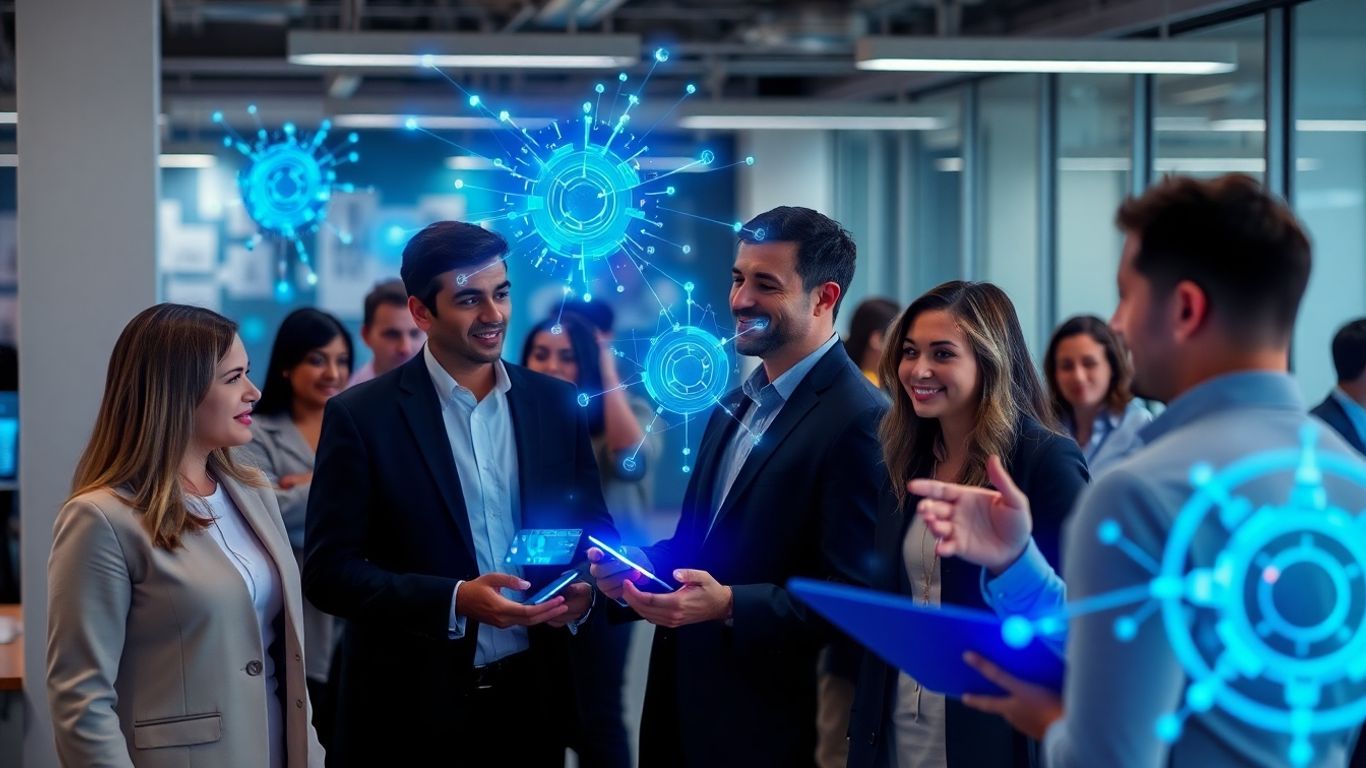 Business professionals interacting with AI voice agents.