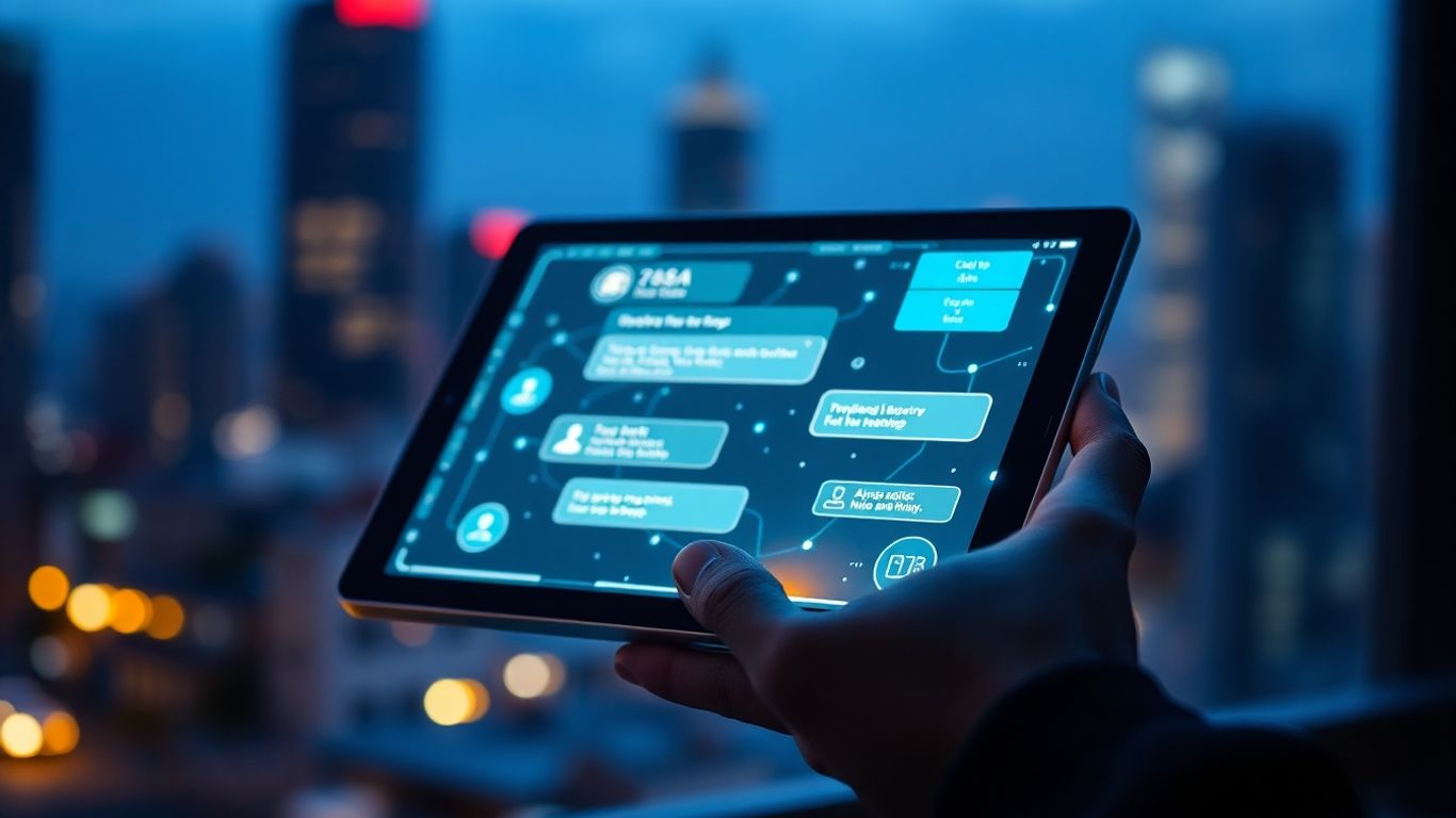 Hands holding a glowing AI chatbot on a tablet.