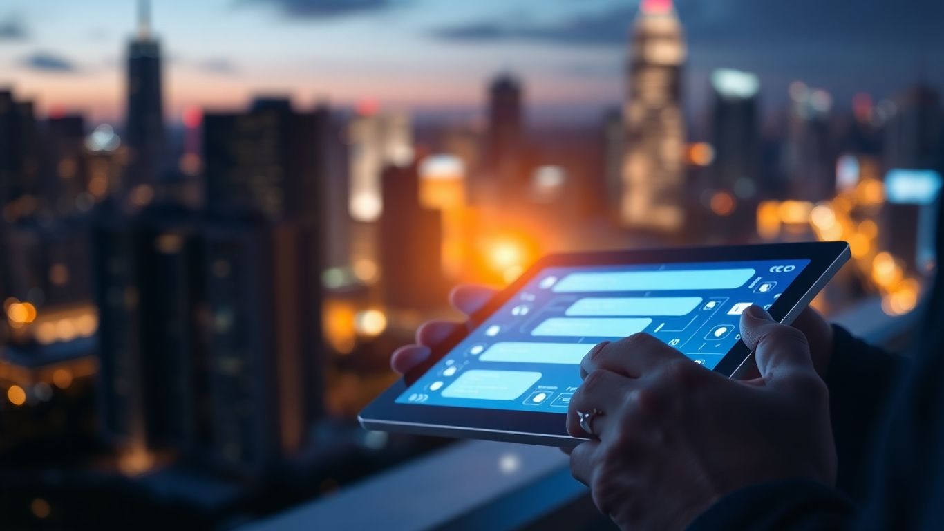 Hands holding a chatbot interface on a tablet.