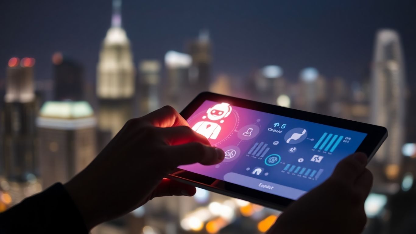 Hands holding a glowing AI chatbot on a tablet.