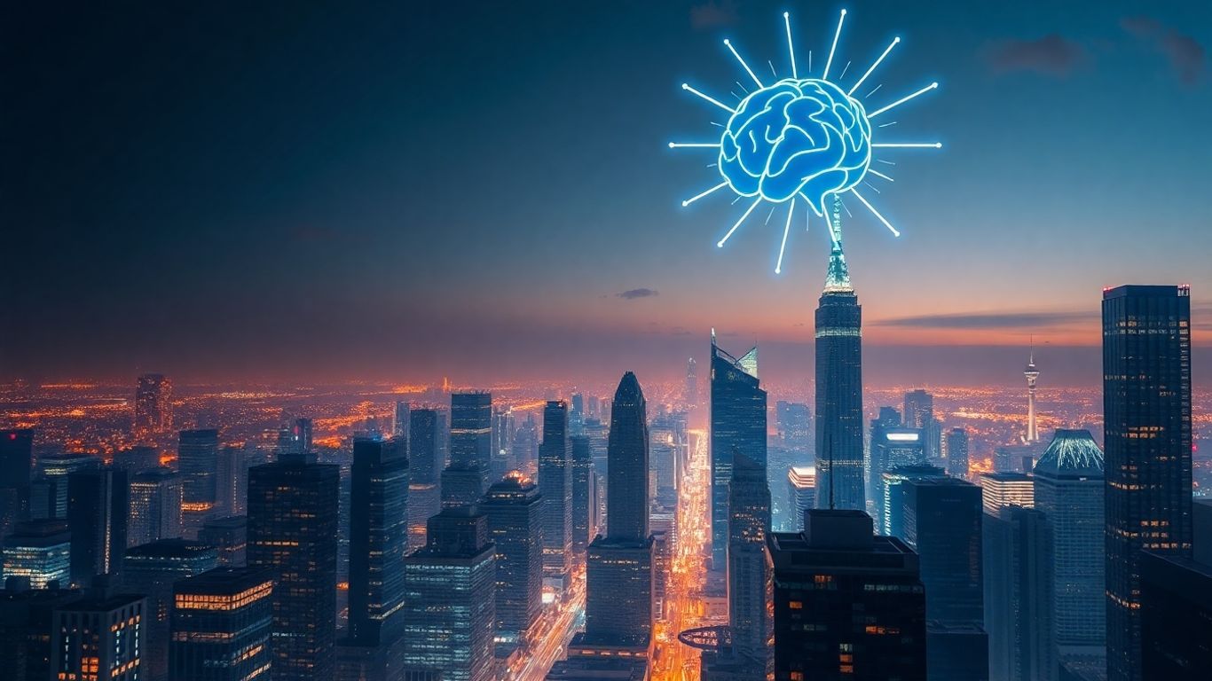 Futuristic cityscape with AI brain icon.