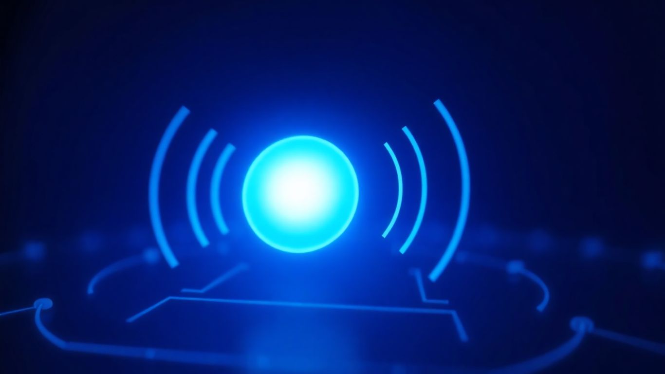 Futuristic AI voice assistant interface with sound waves.