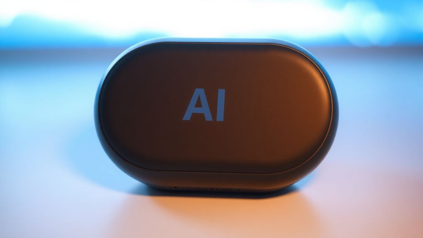 Modern AI voice assistant device with abstract light reflections.