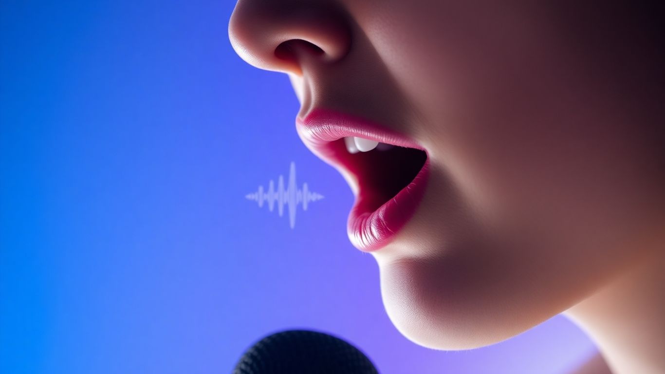 Person speaking into microphone with sound waves.