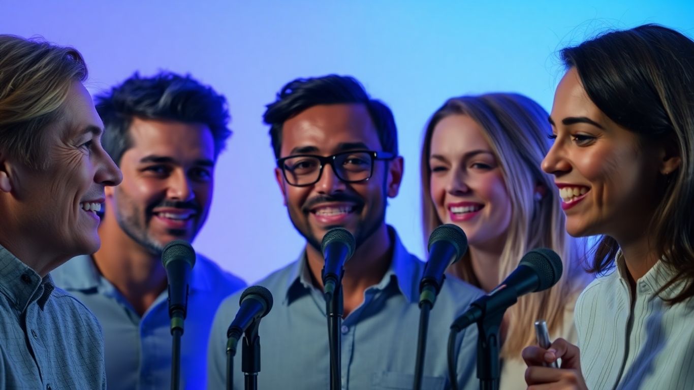 Diverse people speaking into microphones with soundwaves.