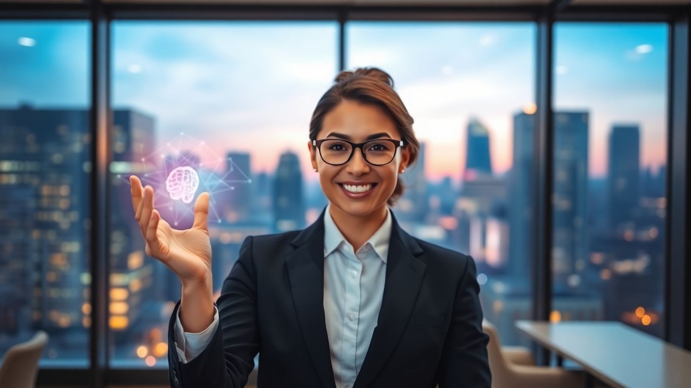 Professional presenting AI solutions in a modern office.