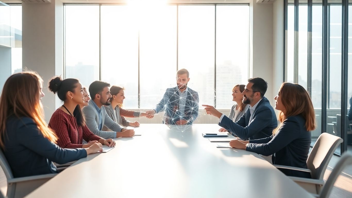 Professionals collaborating on AI solutions in a modern office.
