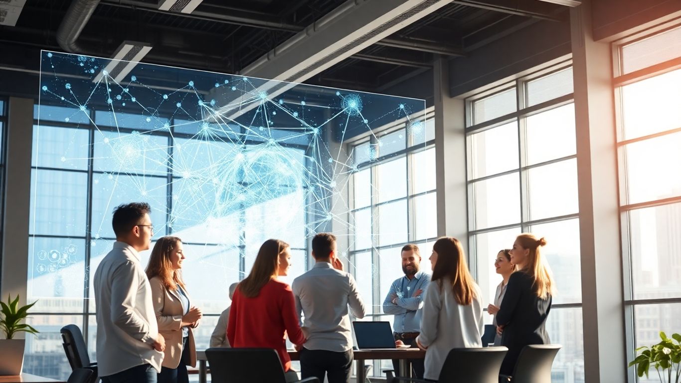 Professionals interacting with AI visualizations in a modern office.