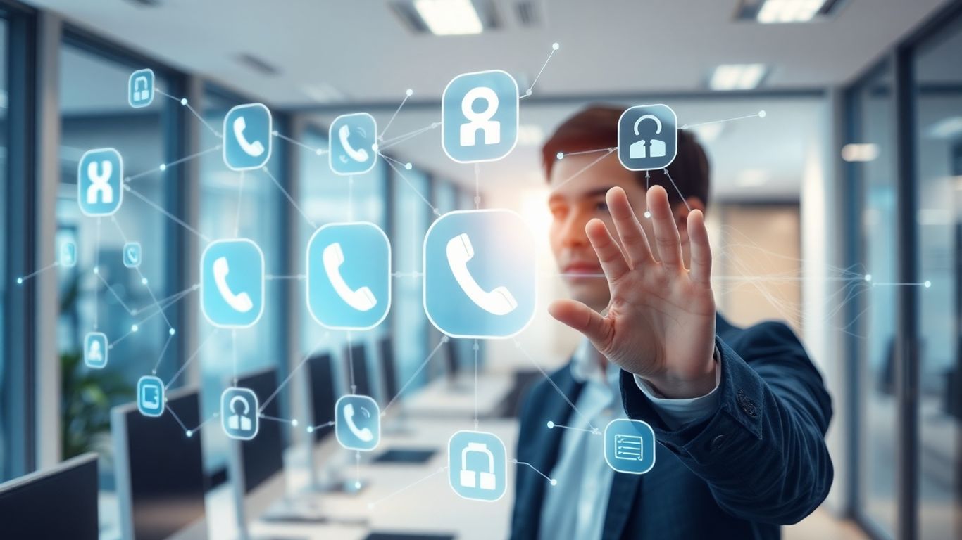 Business person using AI phone management technology.