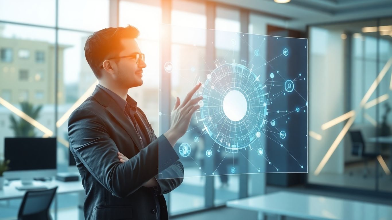 Business person using AI interface for phone management.