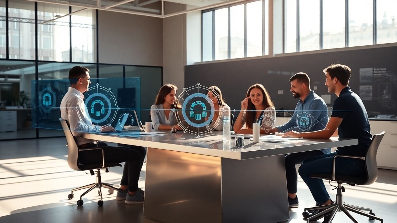 Team working with AI interfaces in a modern office.