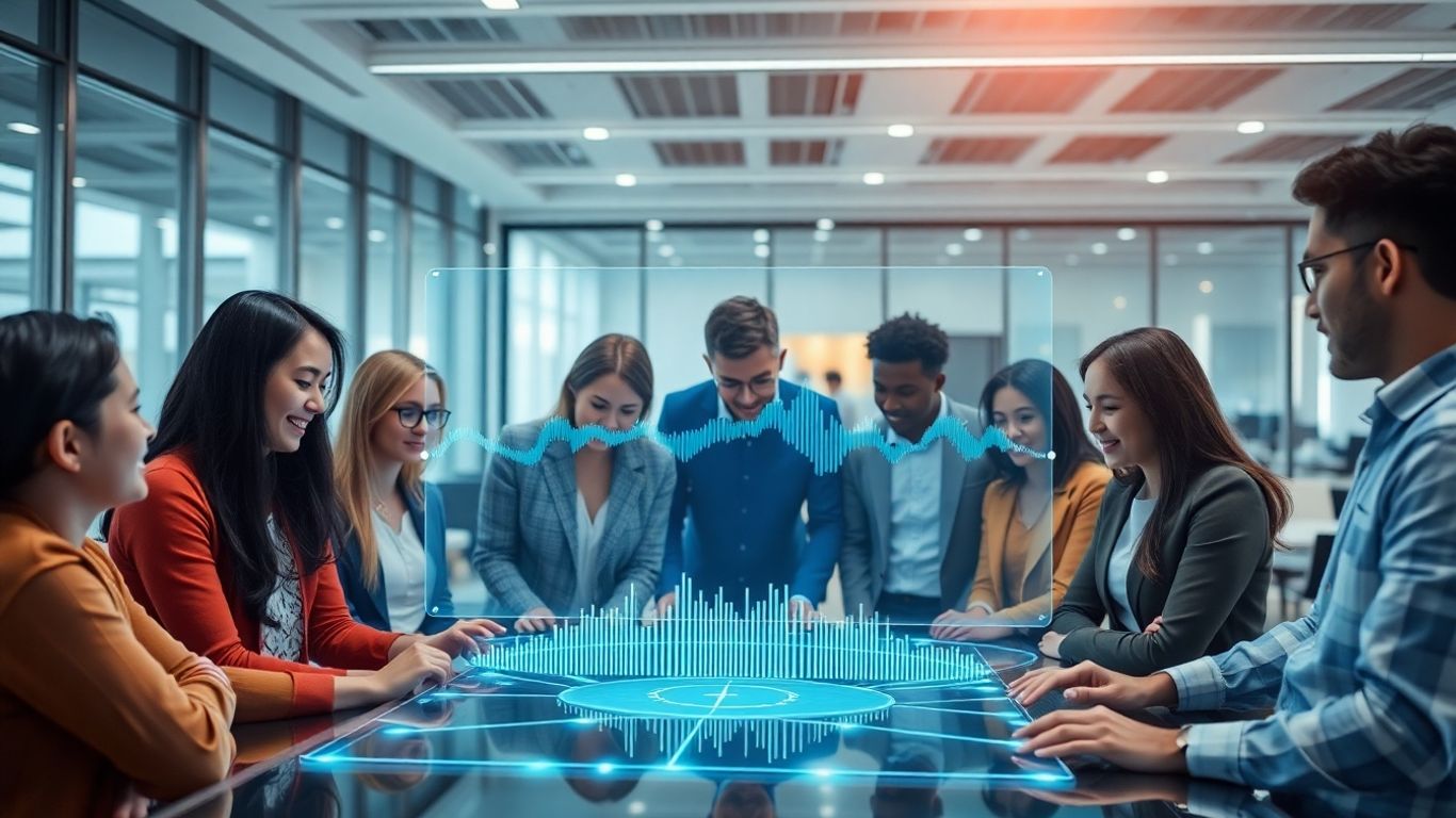 Agency team using holographic voice AI interface.