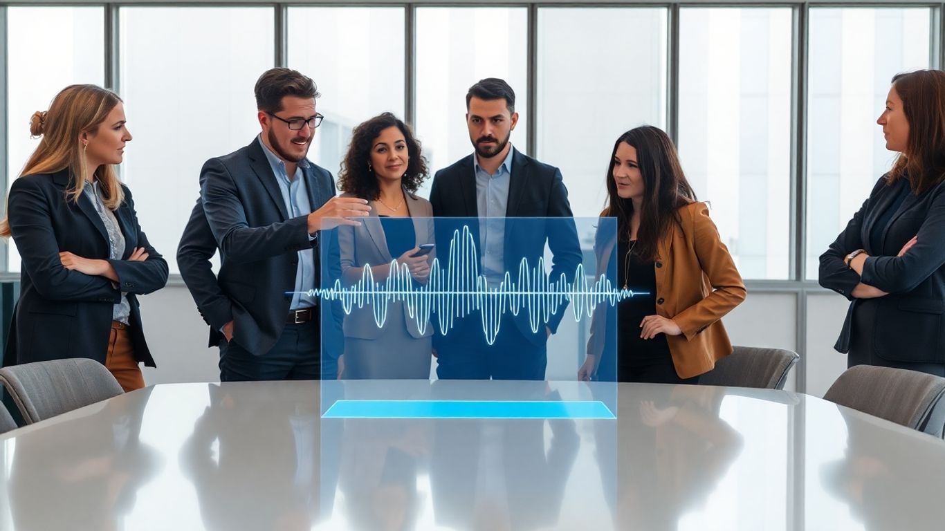 Agency team discussing AI voice technology.