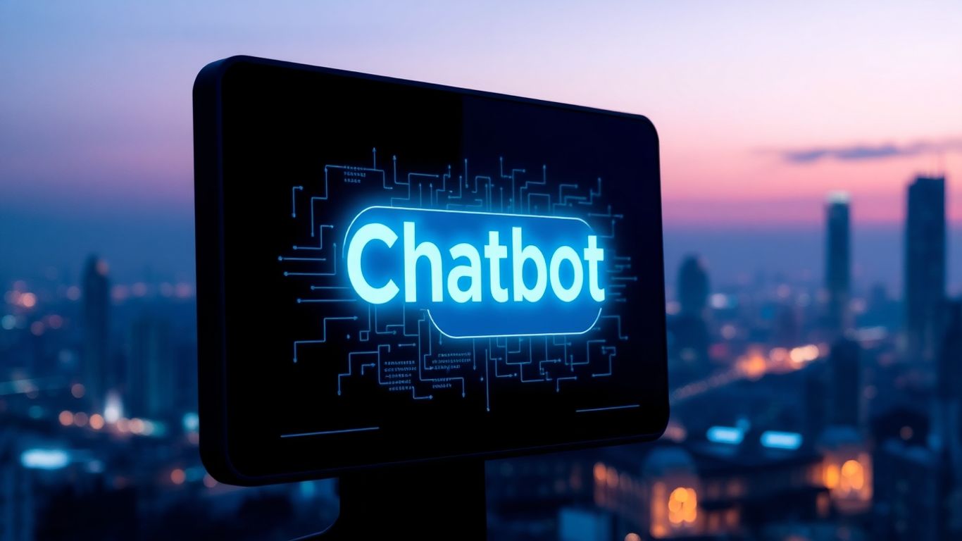 AI chatbot interface with futuristic cityscape background.