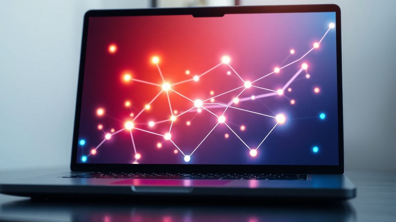 Laptop with glowing digital network and upward trend.