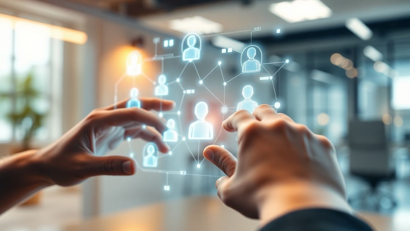 Hands interacting with AI agents on a holographic display.