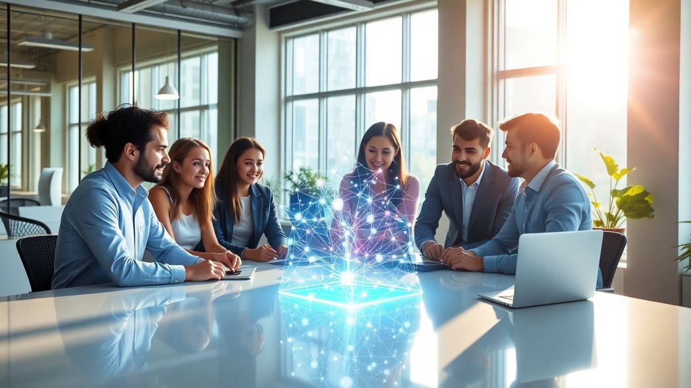 Team collaborating on AI software integration in office.