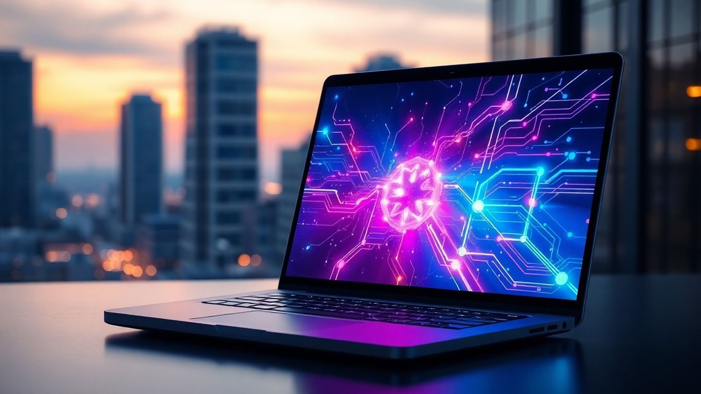 Laptop with AI patterns and futuristic city background.